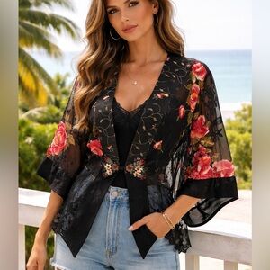Violet Kay | Sheer Mixed Media Floral Kimono Style Top - Embroidered - Boho Chic